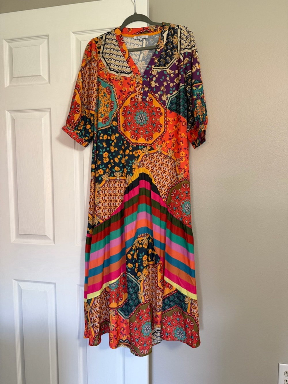 Cezele Boutique Orange Multi-Color Patchwork Maxi Dress